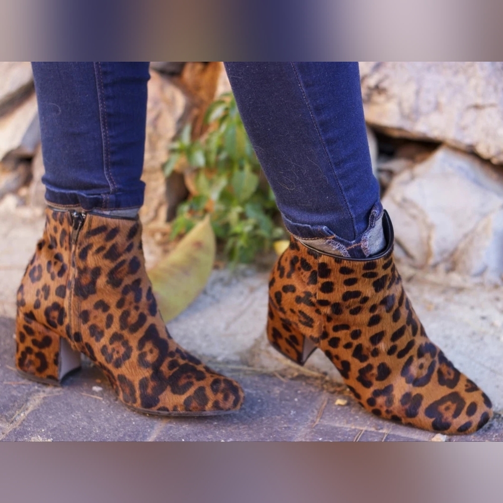 Zara Leopard Animal Print Fall Winter Calf Hair Heeled Ankle Boots - Picture 2 of 8